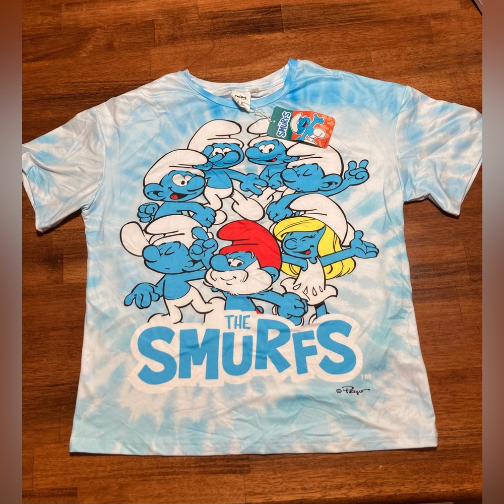 New Smurfs bright short sleeve shirt with blue tie dye background size youth 12